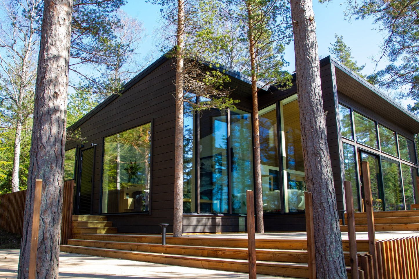 Modern wooden lakehouse with large windows surrounded by trees